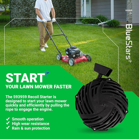 593959 recoil pull starter assembly for B&S lawn mower engines shown in a promotional product graphic.