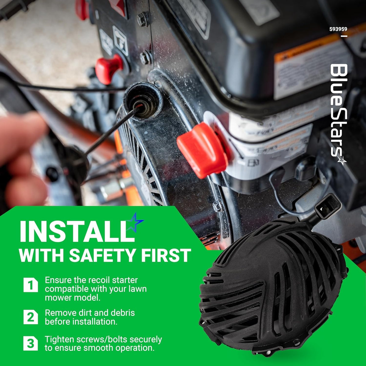 Recoil pull starter assembly installation guide for Briggs and Stratton lawn mower engines.