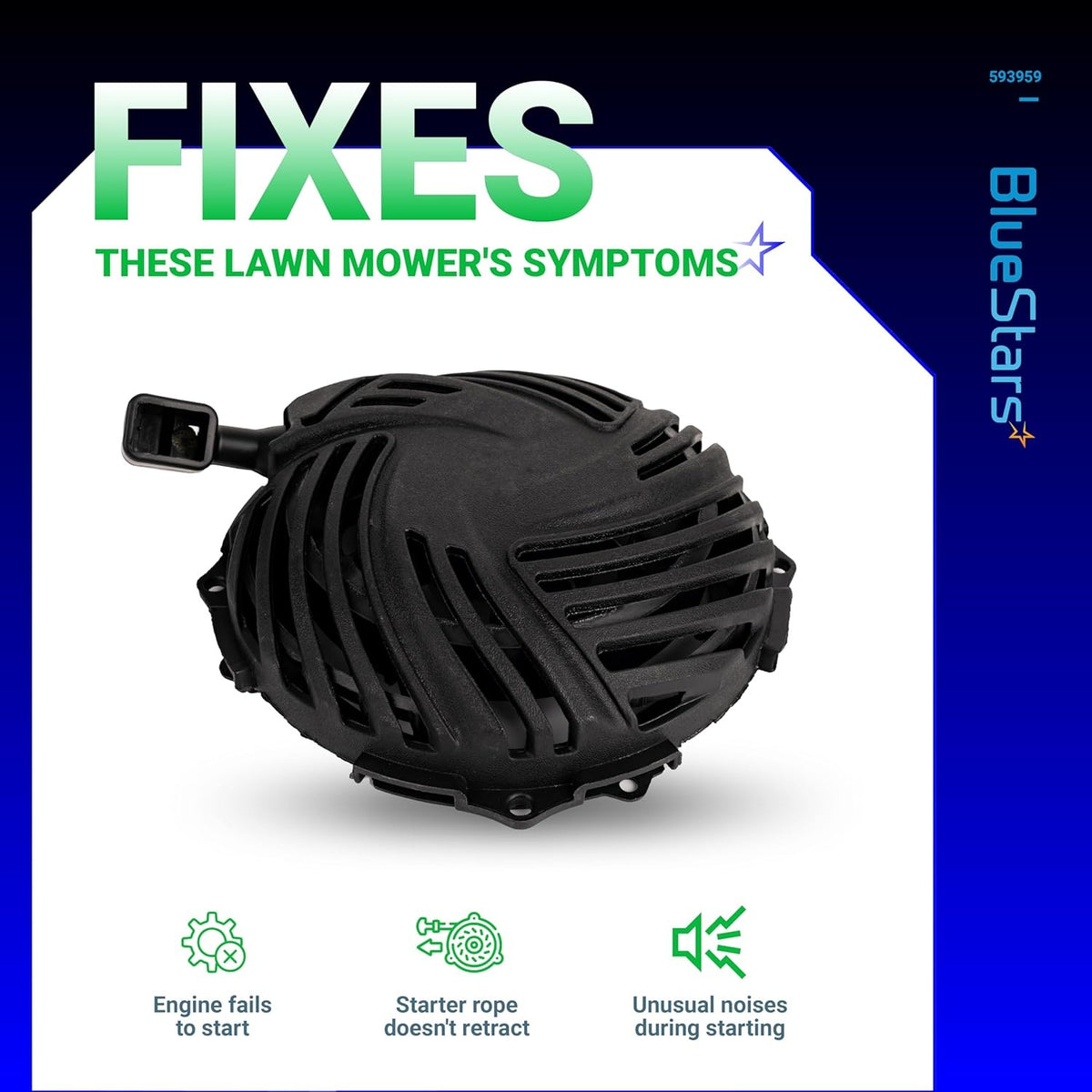 Recoil pull starter assembly for Briggs and Stratton lawn mower engines with symptom fix infographic.