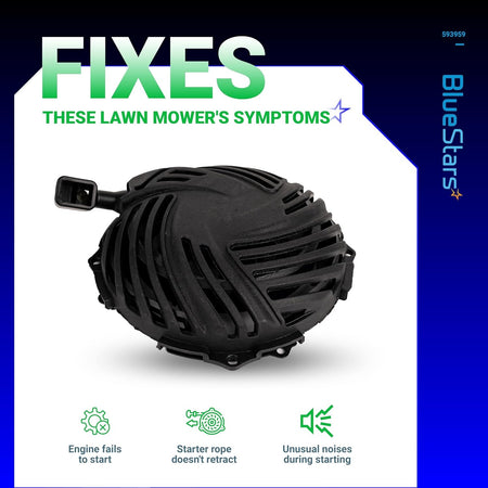 Recoil pull starter assembly for Briggs and Stratton lawn mower engines with symptom fix infographic.