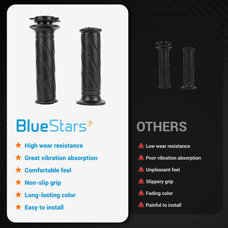 Comparison chart showing BlueStars nonslip rubber motorcycle hand grips versus standard grips for Suzuki motorcycles.