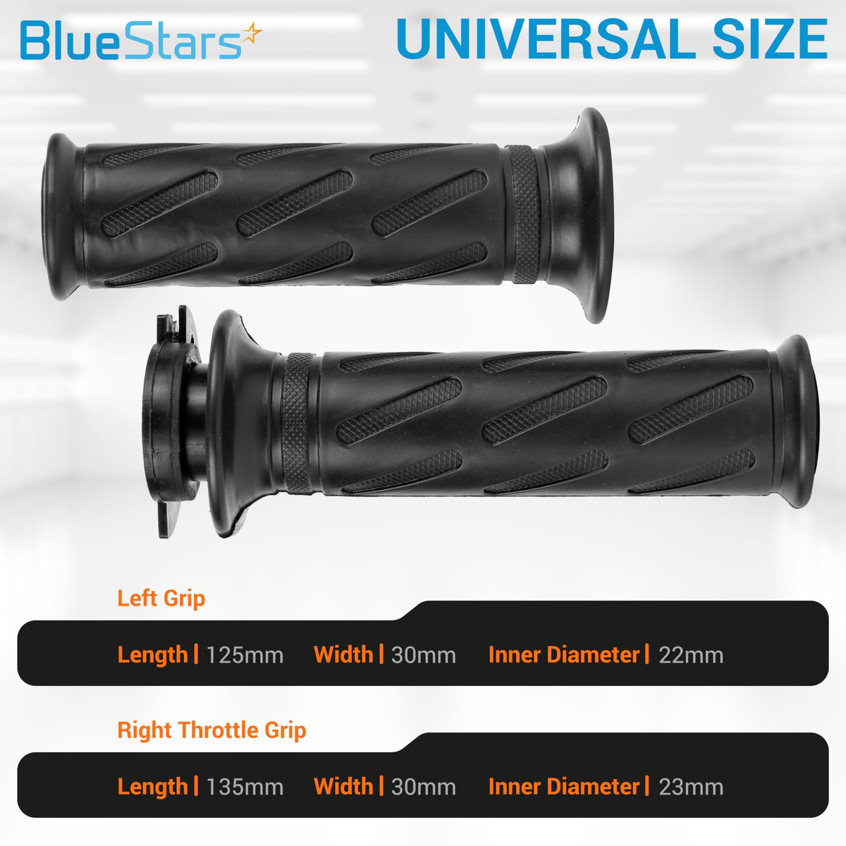 Pair of nonslip black rubber motorcycle hand grips with dimensions for Suzuki GSX-R models.