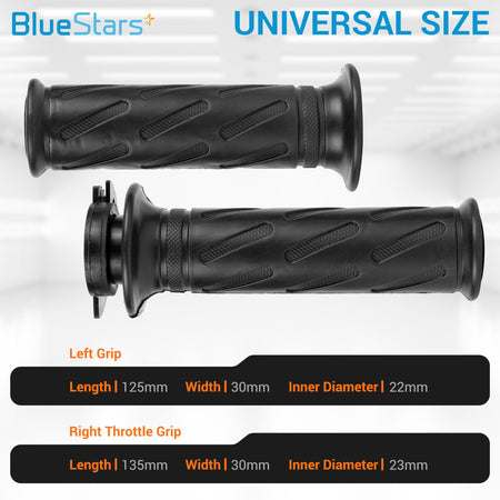 Pair of nonslip black rubber motorcycle hand grips with dimensions for Suzuki GSX-R models.