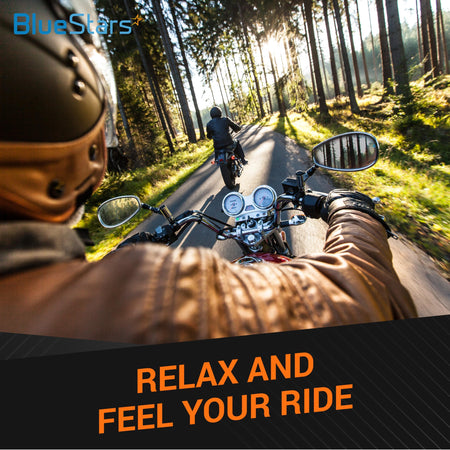 Lifestyle image of a motorcyclist riding on a forest road, promoting comfortable nonslip motorcycle hand grips.
