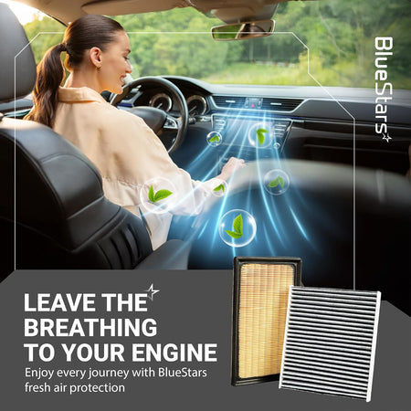 Engine & Cabin Air Filter Combo for Toyota, Lexus, promotional graphic showing two filters and a car interior