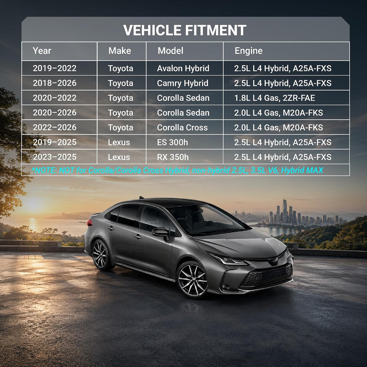 Engine & Cabin Air Filter Combo for Toyota, Lexus, vehicle fitment chart over Toyota sedan at sunset