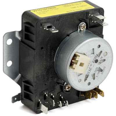 W10185992 dryer timer replacement part with metal motor housing and electrical terminals.