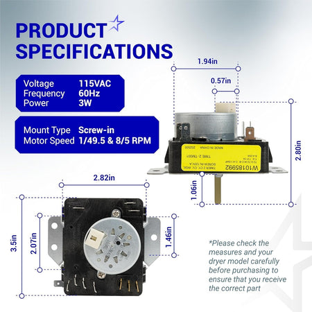 W10185992 dryer timer technical specification diagram showing dimensions, voltage, and mounting details.