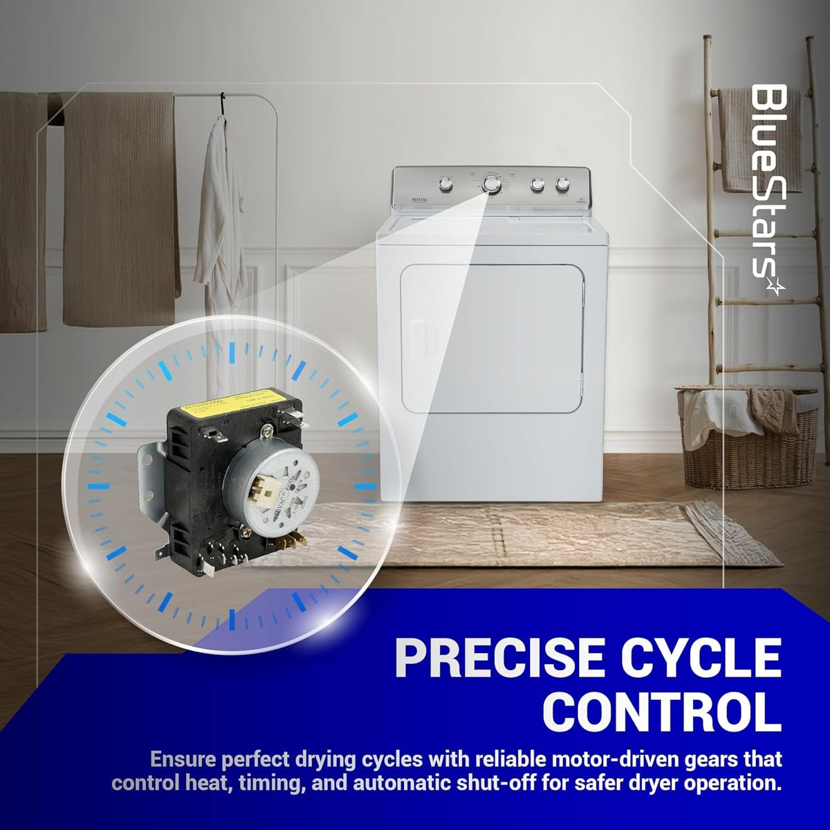 W10185992 dryer timer replacement part shown with a diagram of its installation in a compatible dryer control panel.