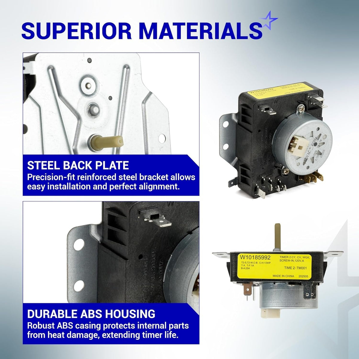W10185992 dryer timer showing steel back plate, durable ABS housing, and technical specifications label.