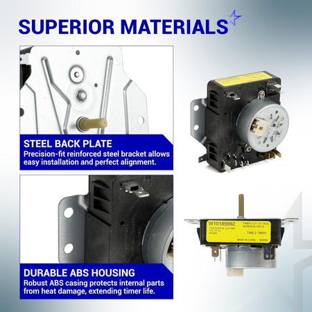 W10185992 dryer timer showing steel back plate, durable ABS housing, and technical specifications label.