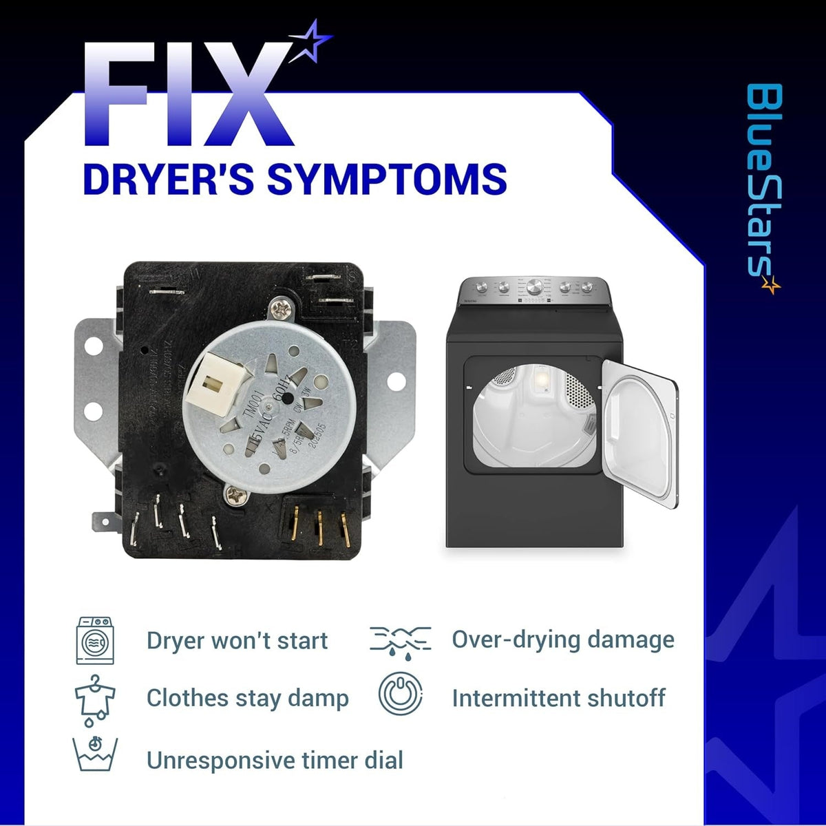 W10185992 dryer timer replacement part shown with common dryer symptoms and troubleshooting guide.