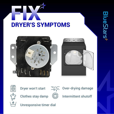 W10185992 dryer timer replacement part shown with common dryer symptoms and troubleshooting guide.