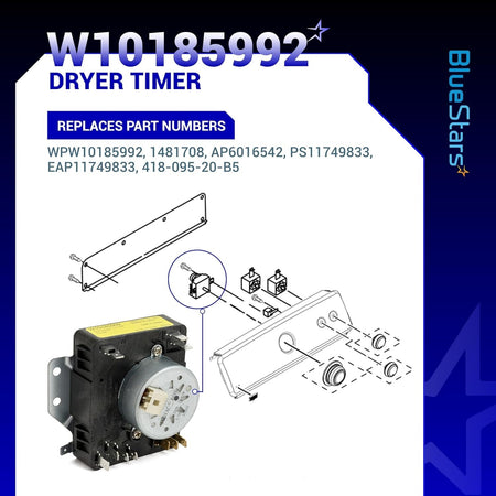 W10185992 dryer timer replacement part with technical installation diagram for Whirlpool and Maytag dryers.