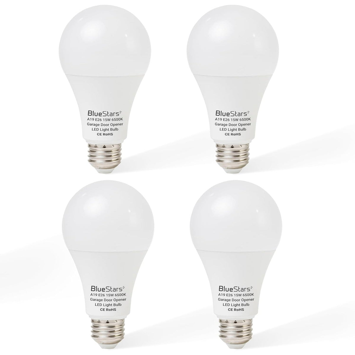 Set of four 15W A19 LED garage door opener light bulbs with E26 base and 6500K daylight output.