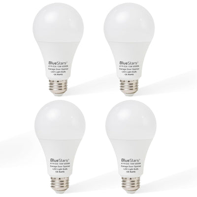 Set of four 15W A19 LED garage door opener light bulbs with E26 base and 6500K daylight output.