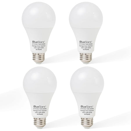 Set of four 15W A19 LED garage door opener light bulbs with E26 base and 6500K daylight output.