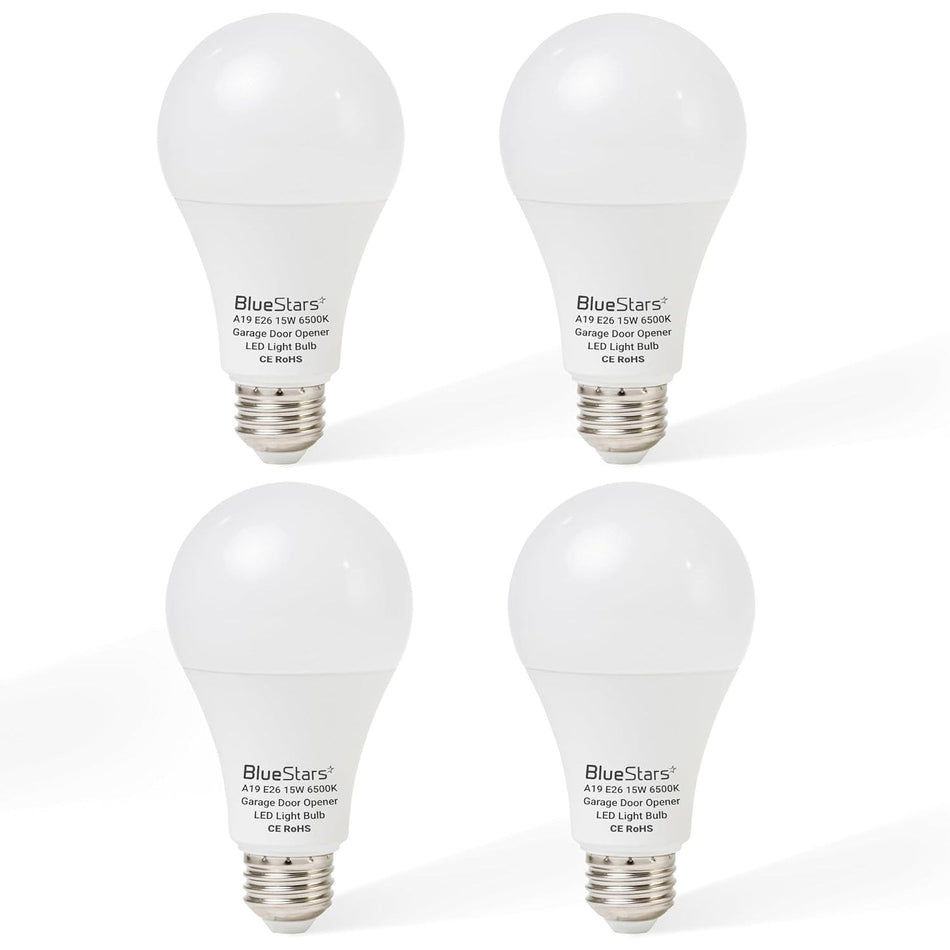 Set of four 15W A19 LED garage door opener light bulbs with E26 base and 6500K daylight output.
