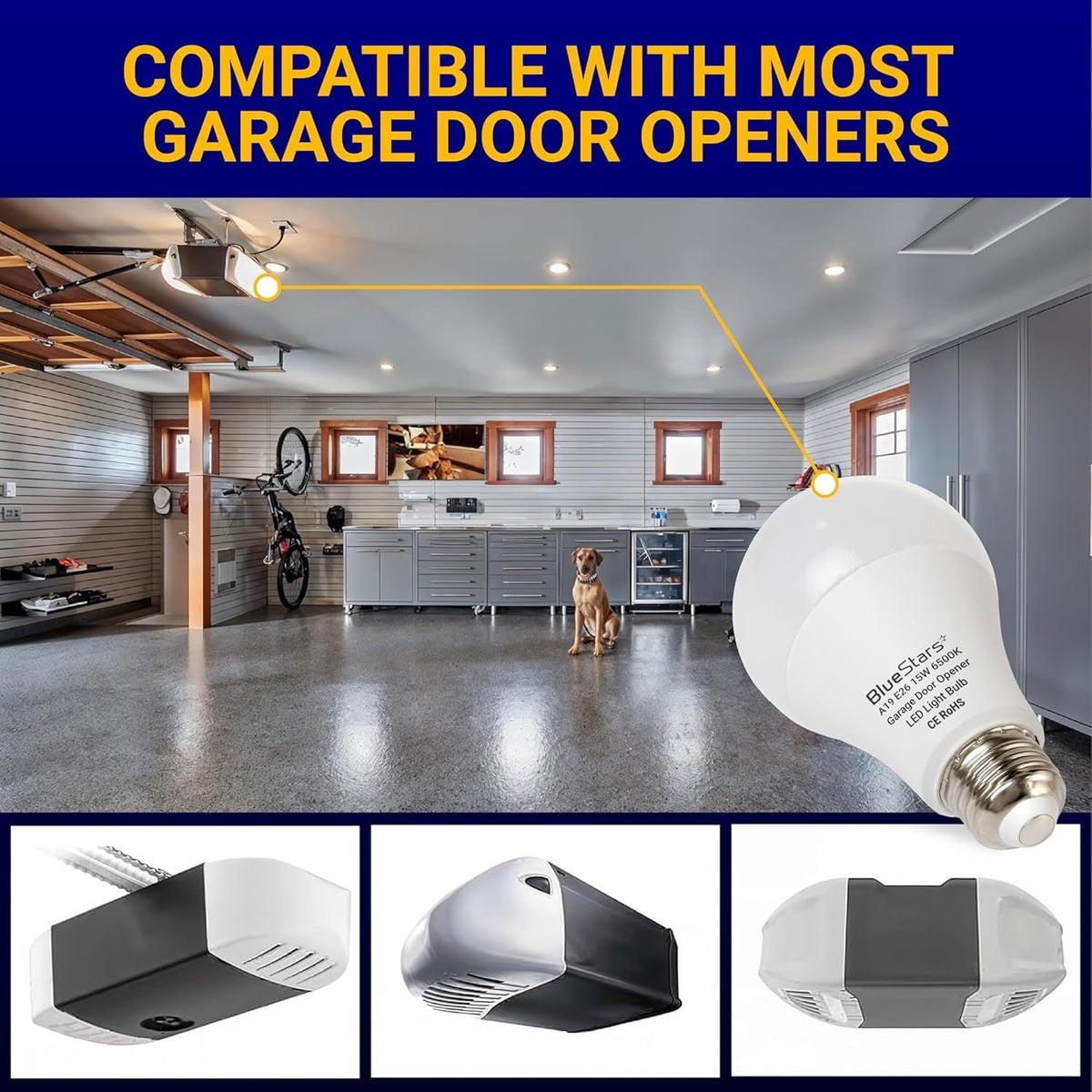 Universal garage door opener LED light bulb installed in a garage ceiling unit for bright, interference-free lighting.