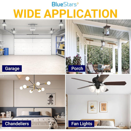 Collage showing universal LED light bulbs installed in a garage, porch, chandelier, and ceiling fan light fixtures.