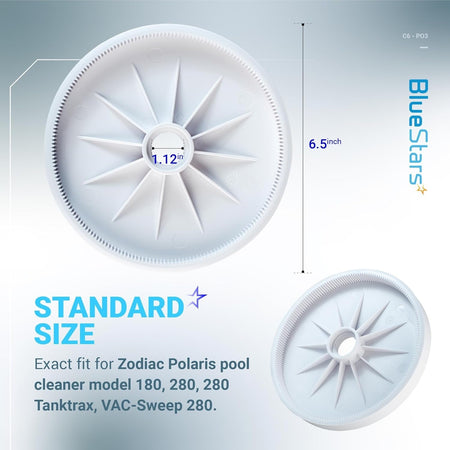 C6 large replacement wheel for Polaris pool cleaners showing 6.5-inch diameter and 1.12-inch center hole dimensions.