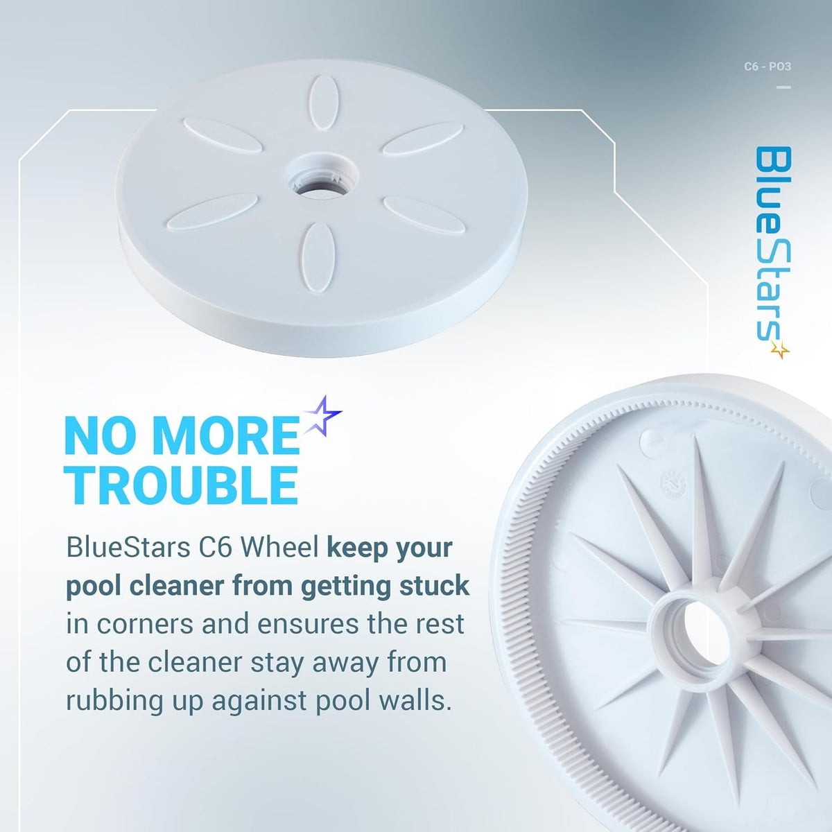 Front and back view of white C6 replacement wheel for Polaris 180, 280, and Tanktrax pool cleaners.