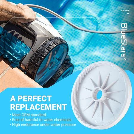 Single white C6 replacement wheel for Polaris 180 and 280 pool cleaners shown next to a pool cleaner in operation.