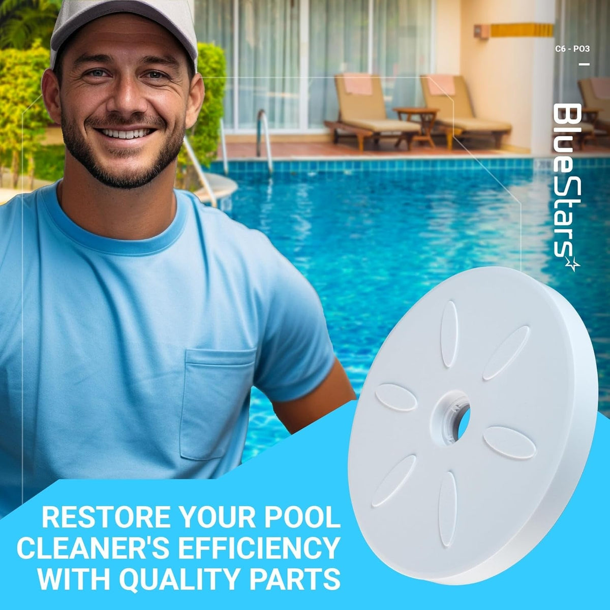 Single C6 large replacement wheel for Polaris 180 and 280 pool cleaners shown in a lifestyle product graphic.