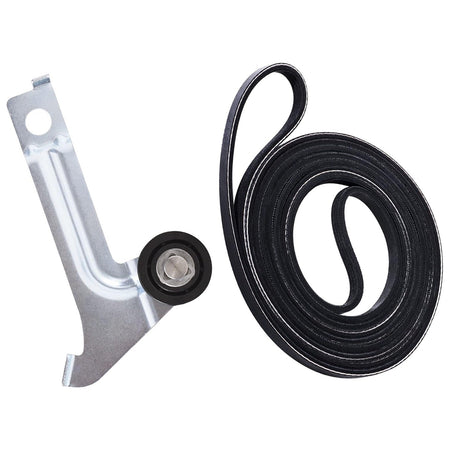 Replacement dryer idler pulley assembly and black drive drum belt for Whirlpool and Amana dryers.
