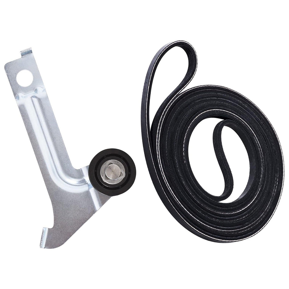 Replacement dryer idler pulley assembly and black drive drum belt for Whirlpool and Amana dryers.