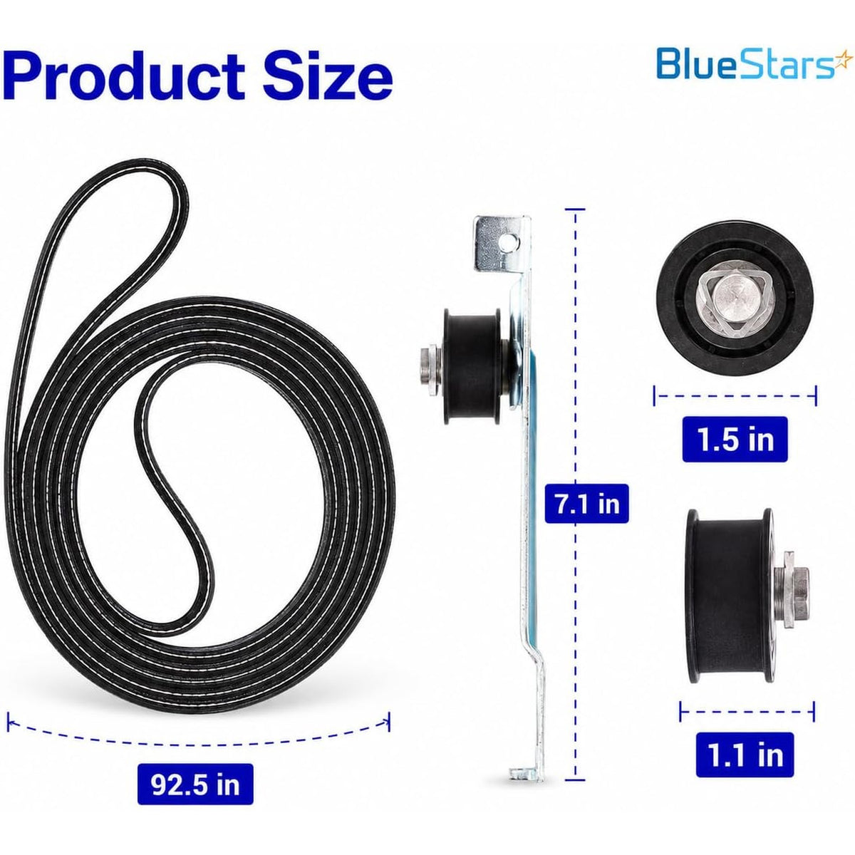 8547174 Dryer Idler Pulley & 8547168 Drive Drum Belt, product size diagram with 92.5 in belt and pulley dimensions