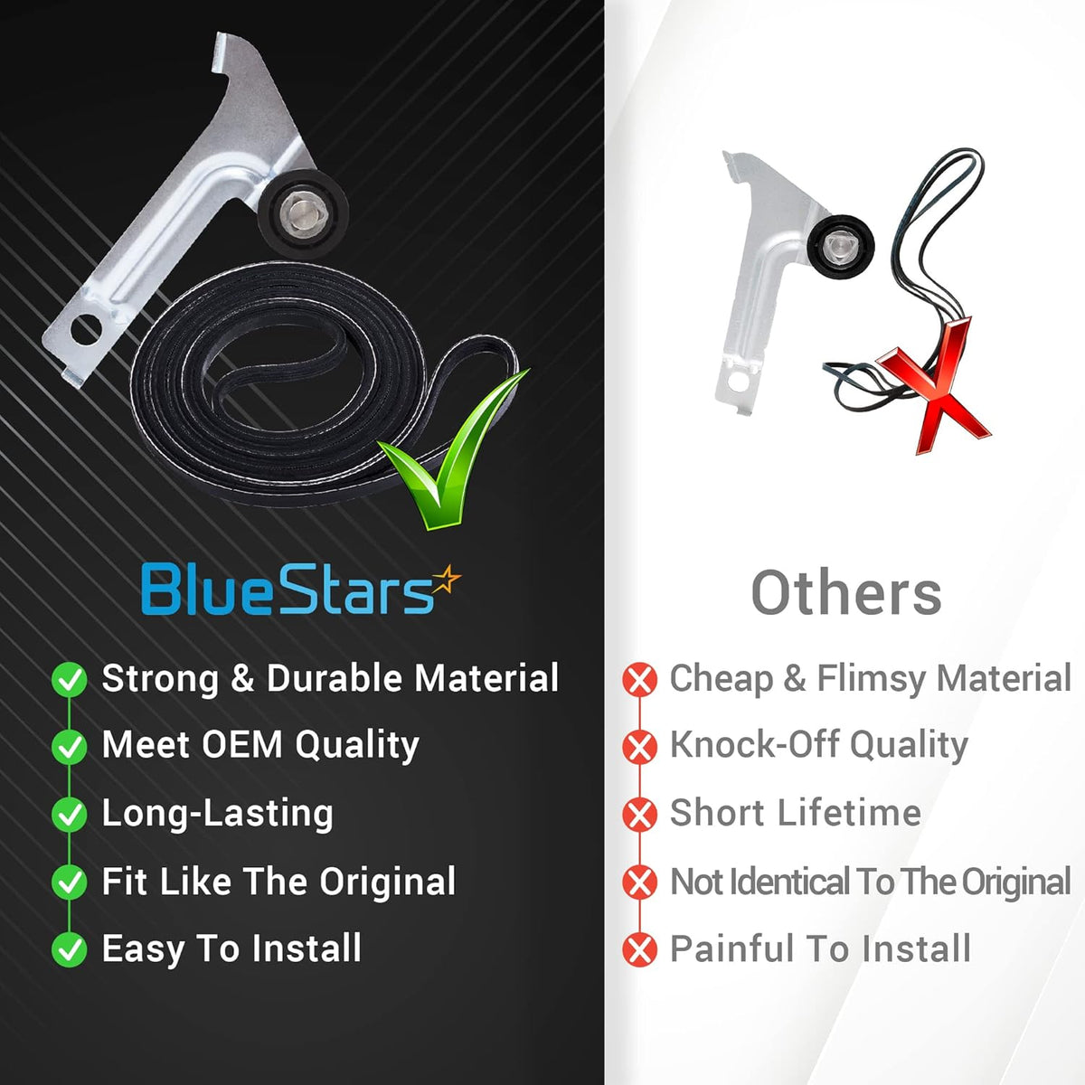 Comparison chart showing BlueStars dryer idler pulley and drive belt versus inferior quality alternatives.