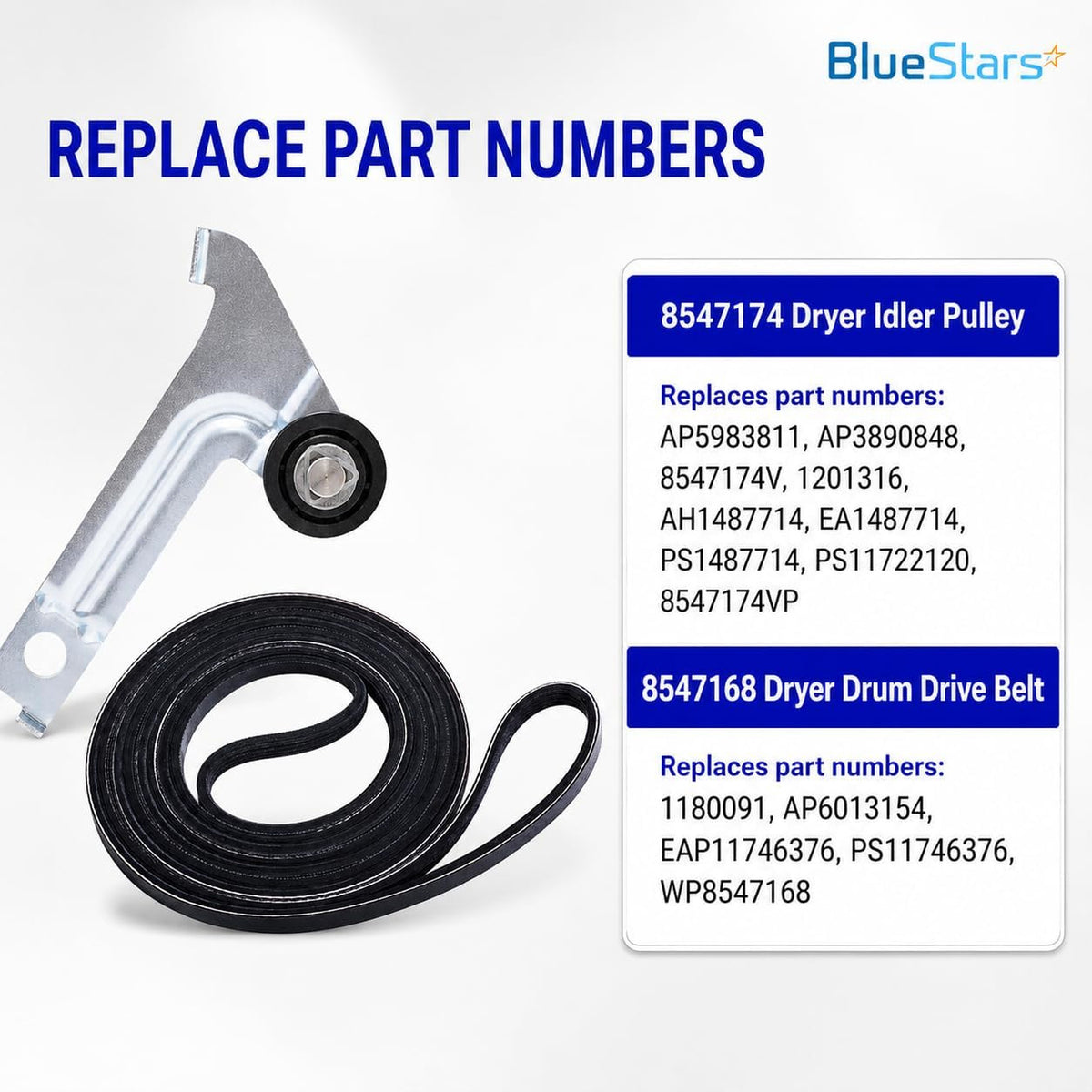 8547174 Dryer Idler Pulley & 8547168 Dryer Drum Drive Belt, pulley and belt with replacement numbers chart