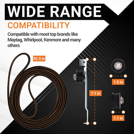 Infographic showing dimensions for dryer idler pulley and 92.5-inch drive drum belt replacement parts.
