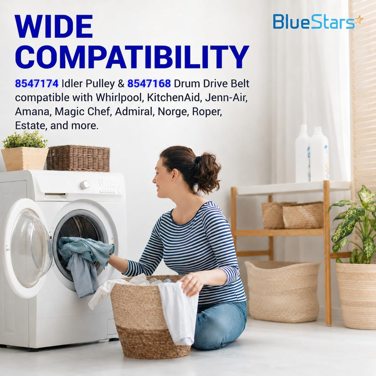 8547174 Idler Pulley & 8547168 Drum Drive Belt, wide compatibility graphic with woman loading a dryer