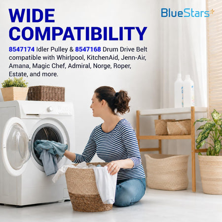 8547174 Idler Pulley & 8547168 Drum Drive Belt, wide compatibility graphic with woman loading a dryer