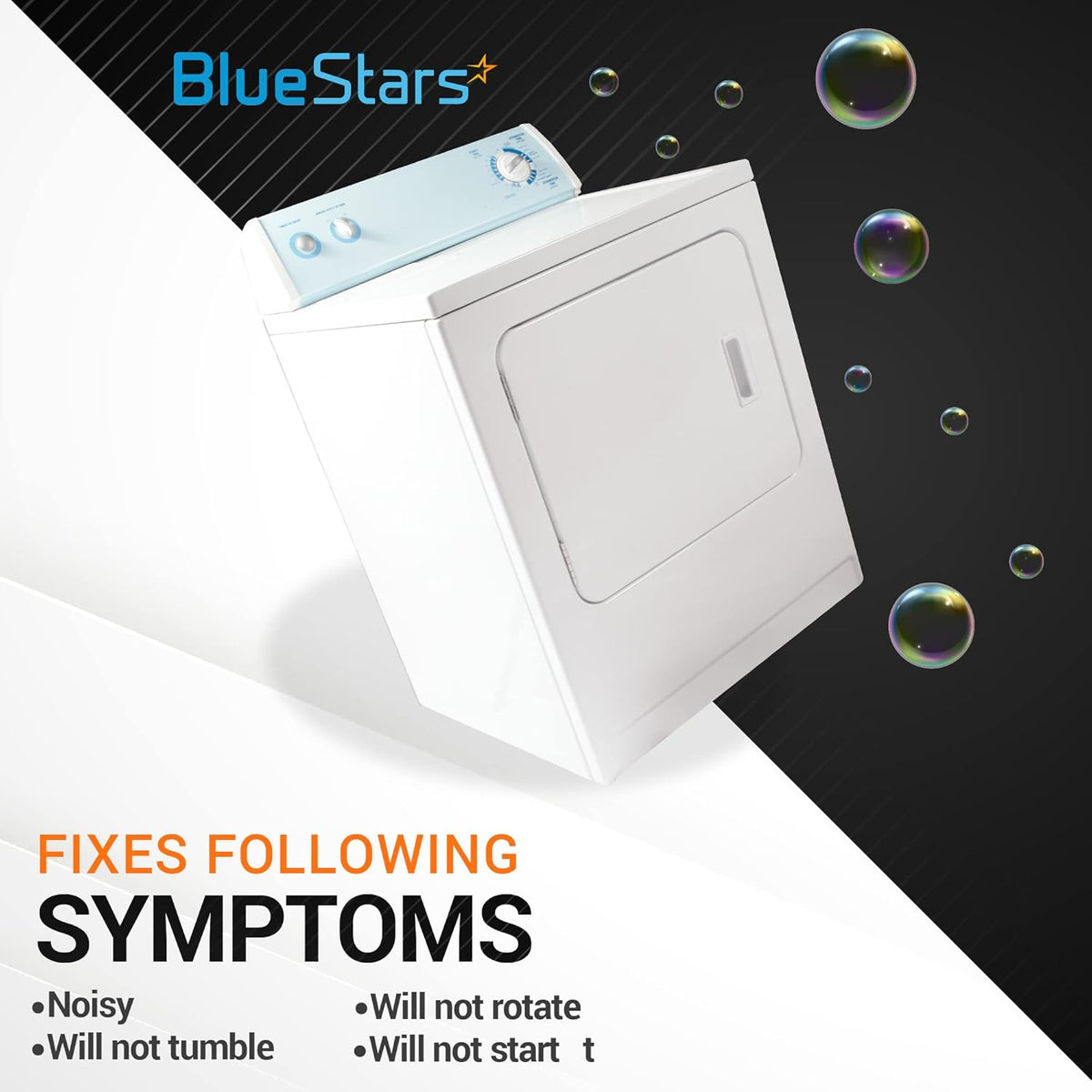 Whirlpool and Amana dryer showing common repair symptoms like noisy operation or failure to tumble or rotate.