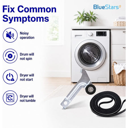8547174 Dryer Idler Pulley & 8547168 Drive Drum Belt Replacement, symptom guide with pulley, belt and dryer