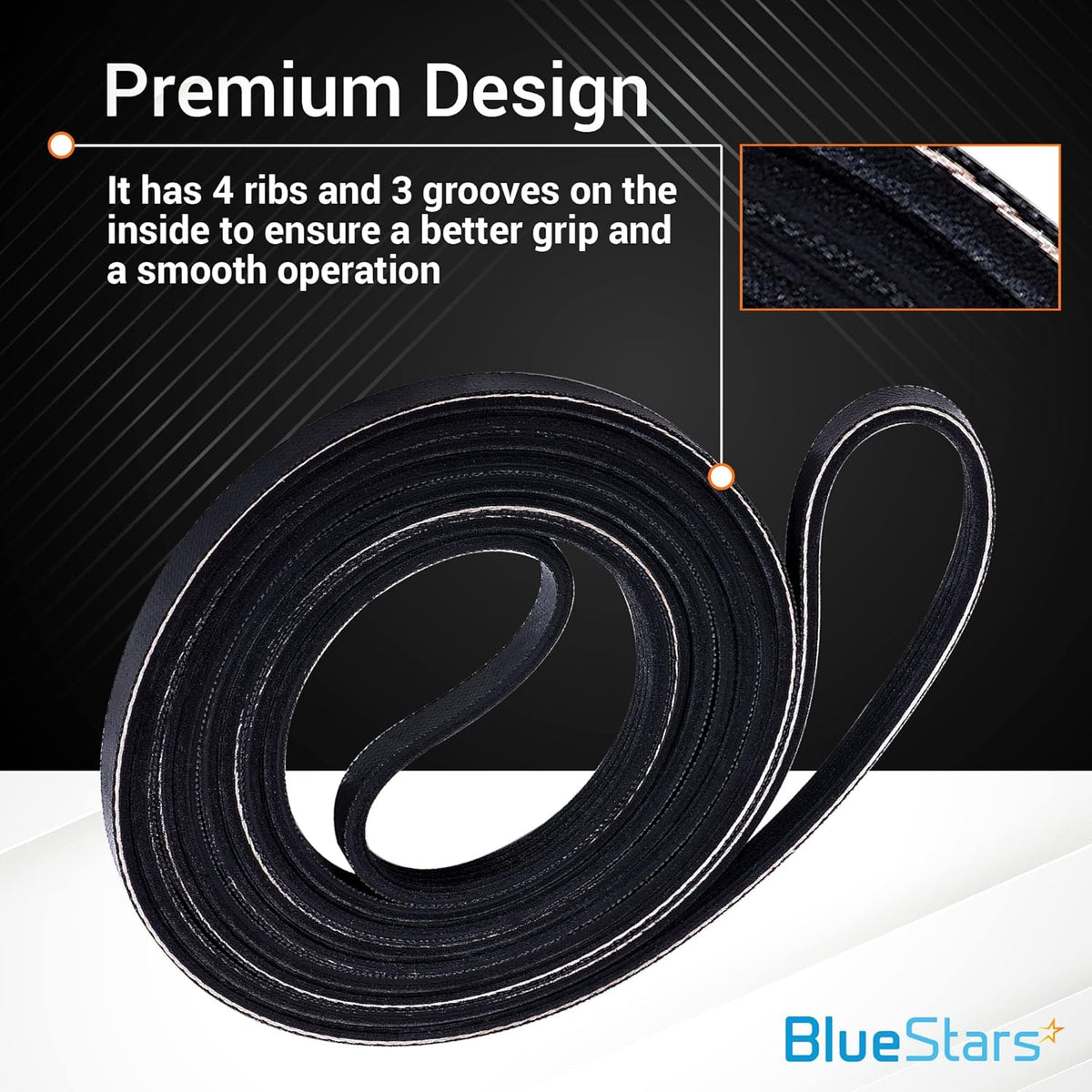 Replacement dryer drive drum belt with 4-rib design for Whirlpool and Amana dryers, close-up view.