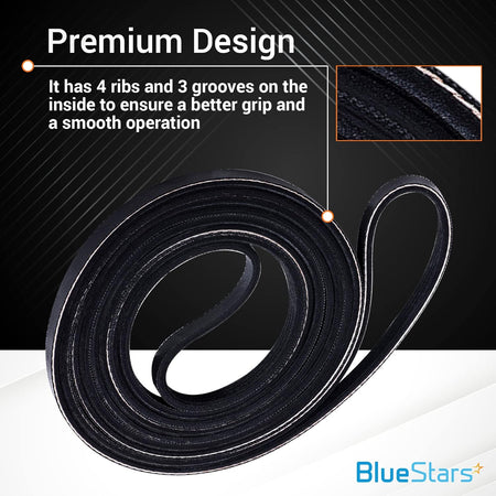 Replacement dryer drive drum belt with 4-rib design for Whirlpool and Amana dryers, close-up view.