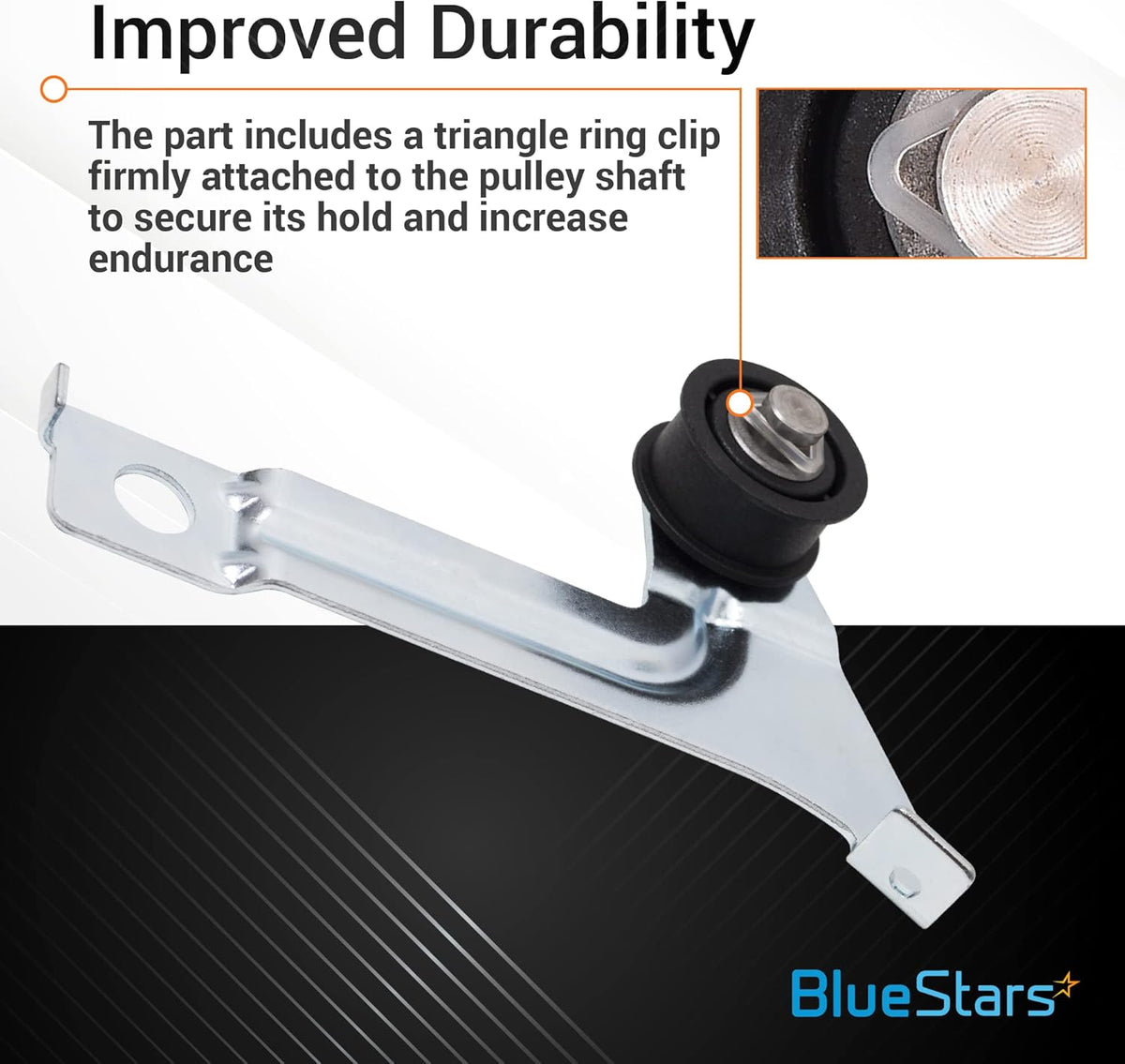 Dryer idler pulley for Whirlpool and Amana with close-up of triangle ring clip on pulley shaft for added durability.