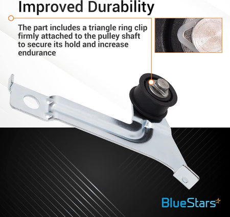 Dryer idler pulley for Whirlpool and Amana with close-up of triangle ring clip on pulley shaft for added durability.