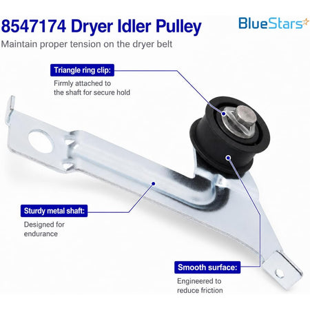 8547174 Dryer Idler Pulley, close-up showing triangle ring clip, metal shaft, and smooth pulley surface