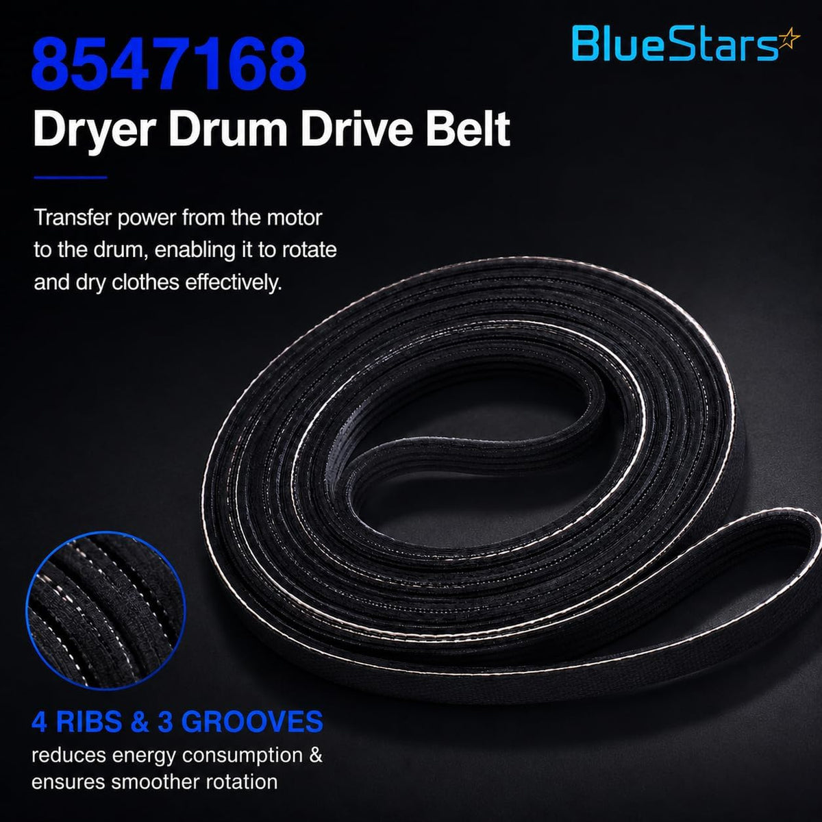 8547168 Dryer Drum Drive Belt, coiled product view with close-up showing its ribbed grooves