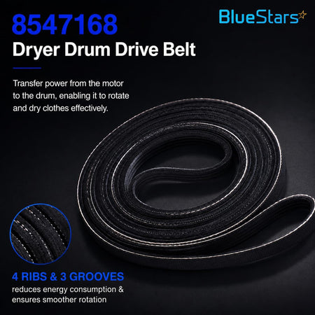 8547168 Dryer Drum Drive Belt, coiled product view with close-up showing its ribbed grooves