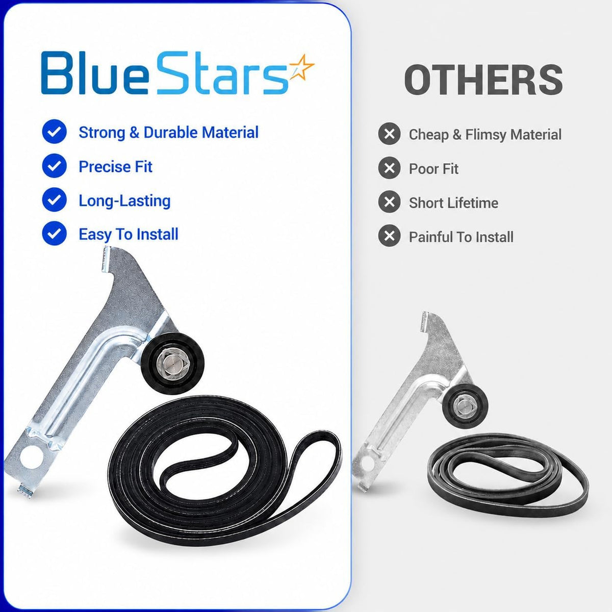 8547174 Dryer Idler Pulley & 8547168 Drive Drum Belt Replacement, BlueStars and others comparison graphic