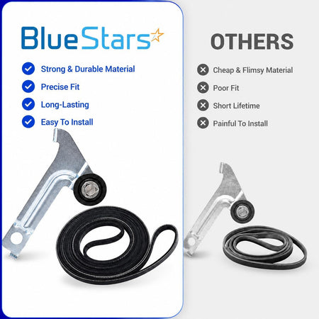 8547174 Dryer Idler Pulley & 8547168 Drive Drum Belt Replacement, BlueStars and others comparison graphic