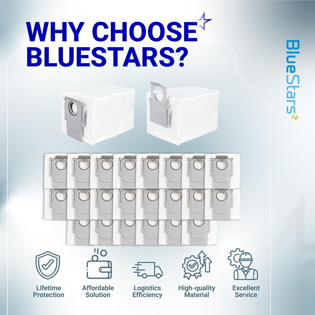 QV 35A replacement dust bags shown in a 24-pack display with sample bags and BlueStars benefit icons.