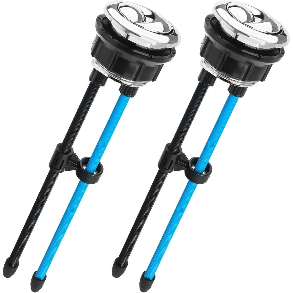 Two 38mm dual push toilet tank flush buttons with adjustable black and blue rods.
