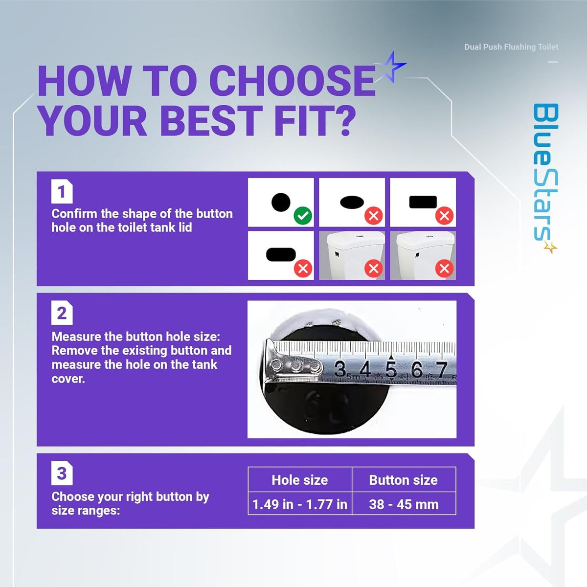 Infographic showing how to measure and choose the correct 38mm dual push toilet water tank button size.